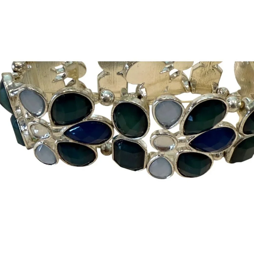 Opaque Crystal Blue Briolette Silvertone Stretch Bracelet 8